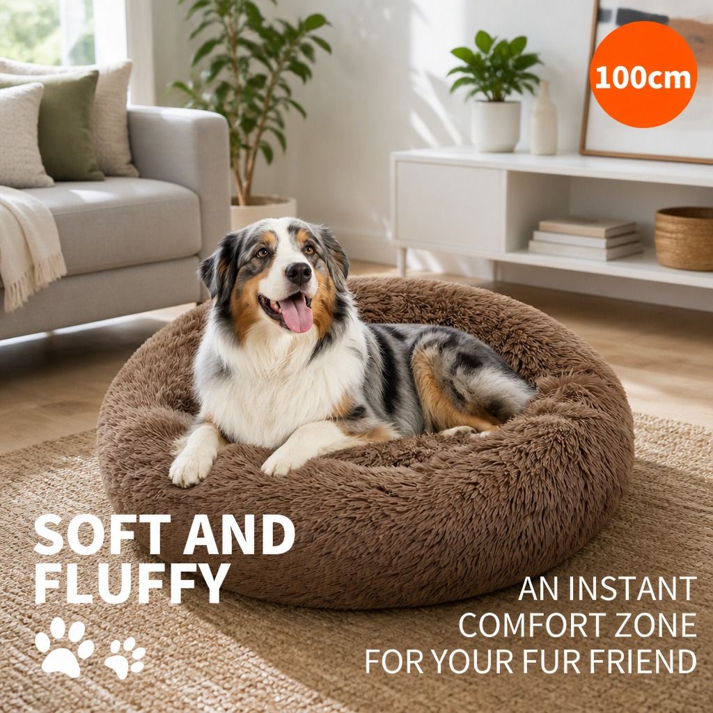 Pet Dog Bed Bedding Warm Plush Round Soft Dog Nest Light Coffee XL 100cm view 2