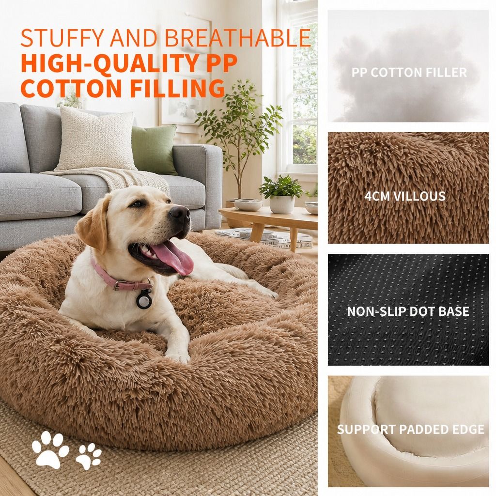 Pet Dog Bed Bedding Warm Plush Round Soft Dog Nest Light Coffee XXL 120cm view 7