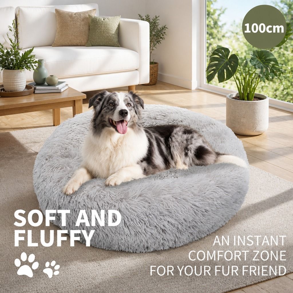 Pet Dog Bed Bedding Warm Plush Round Comfort Dog Nest Light Grey kennel XL 100cm view 2