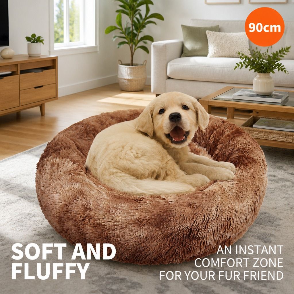 Dog Cat Pet Calming Bed Warm Soft Plush Round Nest Comfy Sleeping Kennel Cave AU view 2
