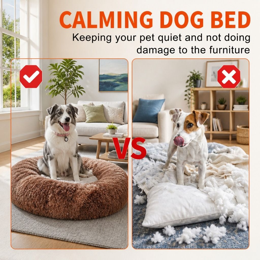 Dog Cat Pet Calming Bed Warm Soft Plush Round Nest Comfy Sleeping Kennel Cave AU view 4