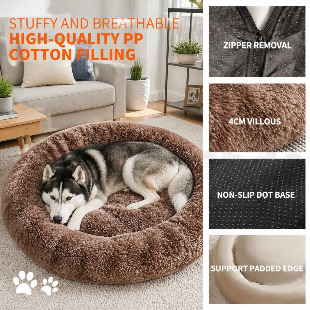 Dog Cat Pet Calming Bed Warm Soft Plush Round Nest Comfy Sleeping Kennel Cave AU view 8