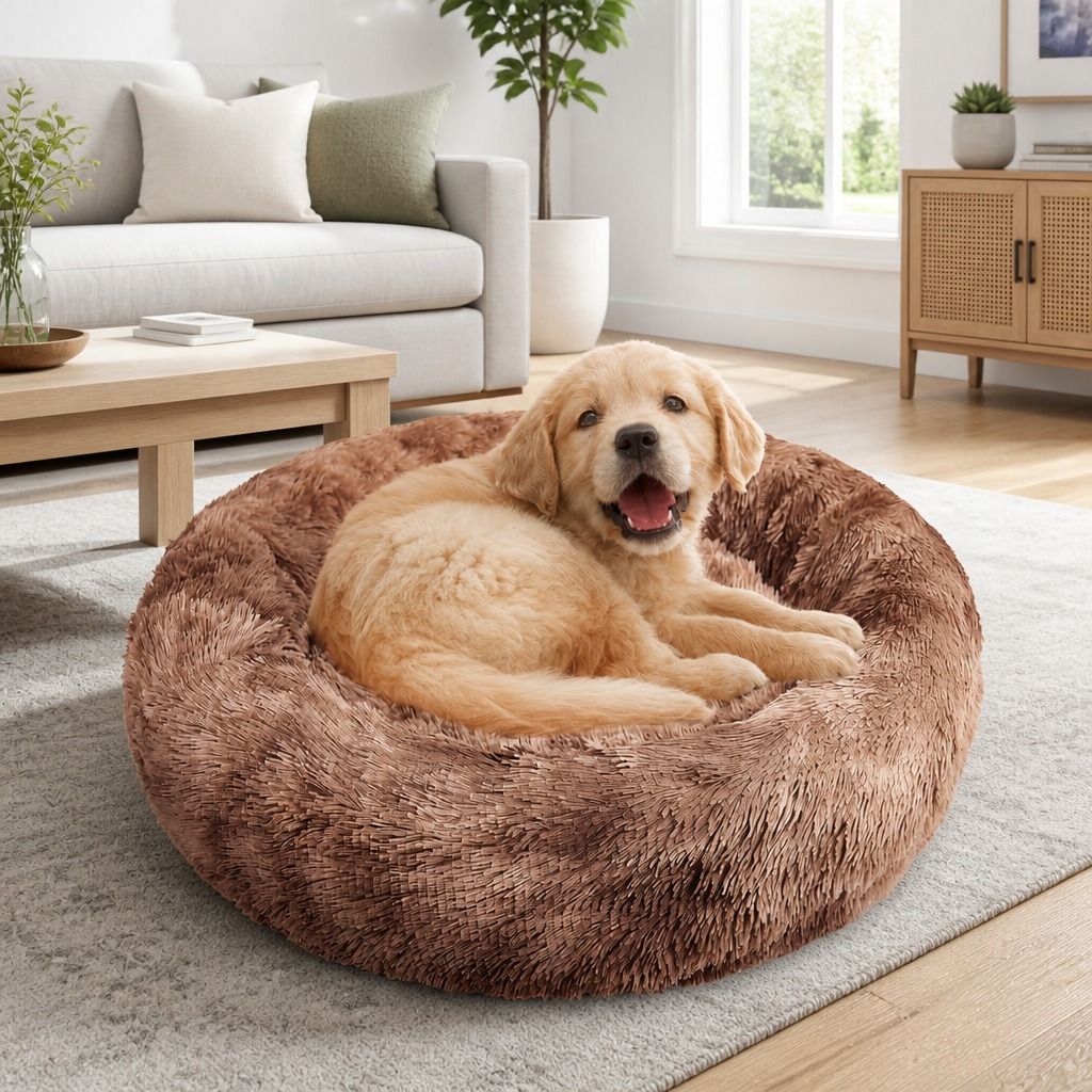 Dog Cat Pet Calming Bed Warm Soft Plush Round Nest Comfy Sleeping Kennel Cave AU view 12