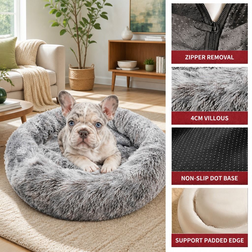 Dog Cat Pet Calming Bed Washable ZIPPER Cover Warm Soft Plush Round Sleeping 70 view 7