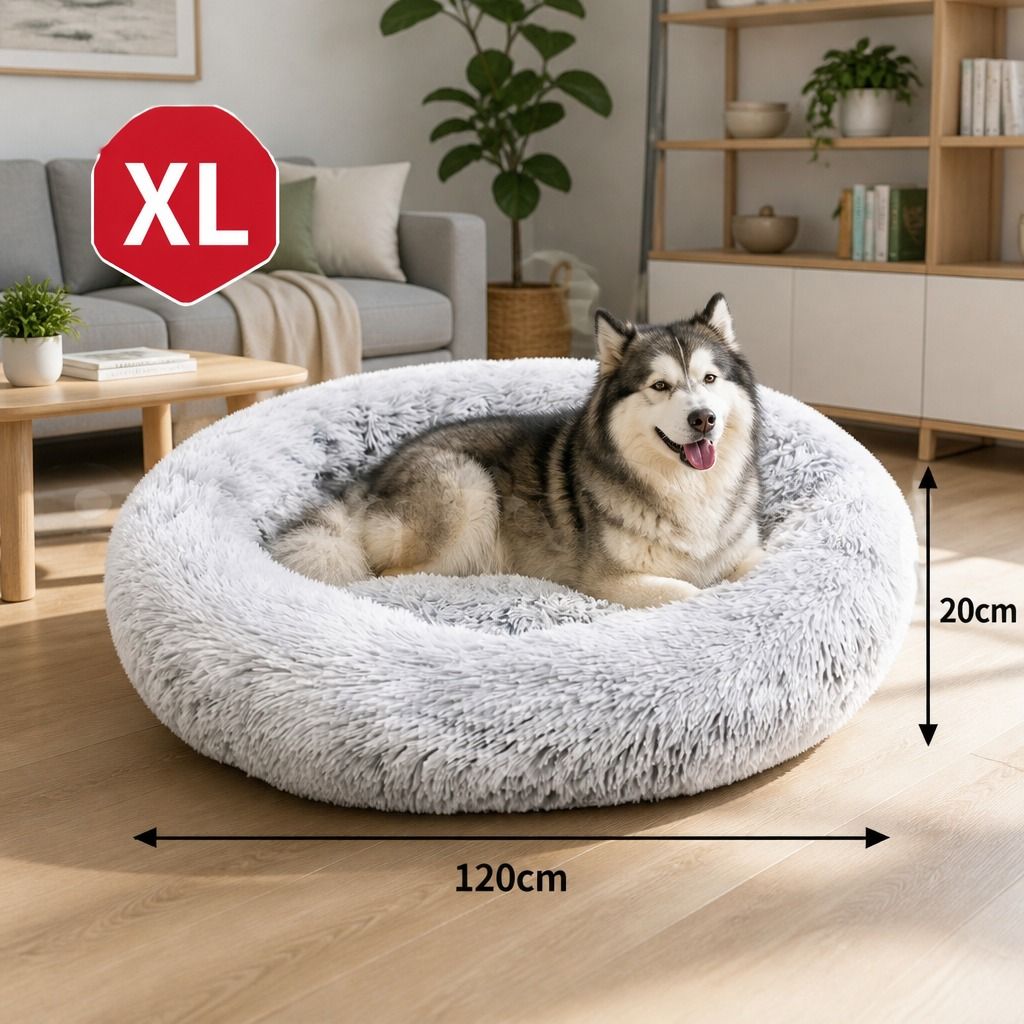 Dog Cat Pet Calming Bed Washable ZIPPER Cover Warm Soft Plush Round Sleeping 120cm view 2