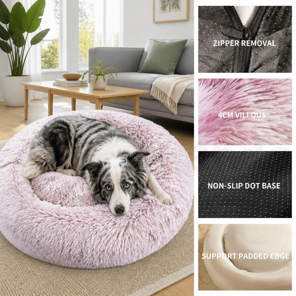 Cat Dog Pet Calming Bed Warm Soft Plush Round Nest Comfy Sleeping Kennel Cave AU view 7