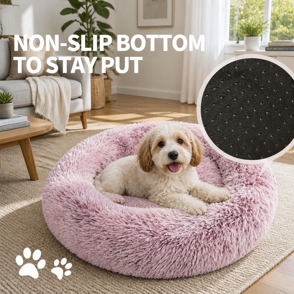 Cat Dog Pet Calming Bed Warm Soft Plush Round Nest Comfy Sleeping Kennel Cave AU view 8
