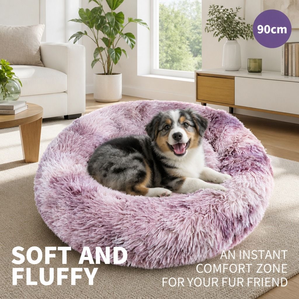 Dog Cat Pet Calming Bed Warm Soft Plush Round Nest Comfy Sleeping Kennel Cave 90 view 2
