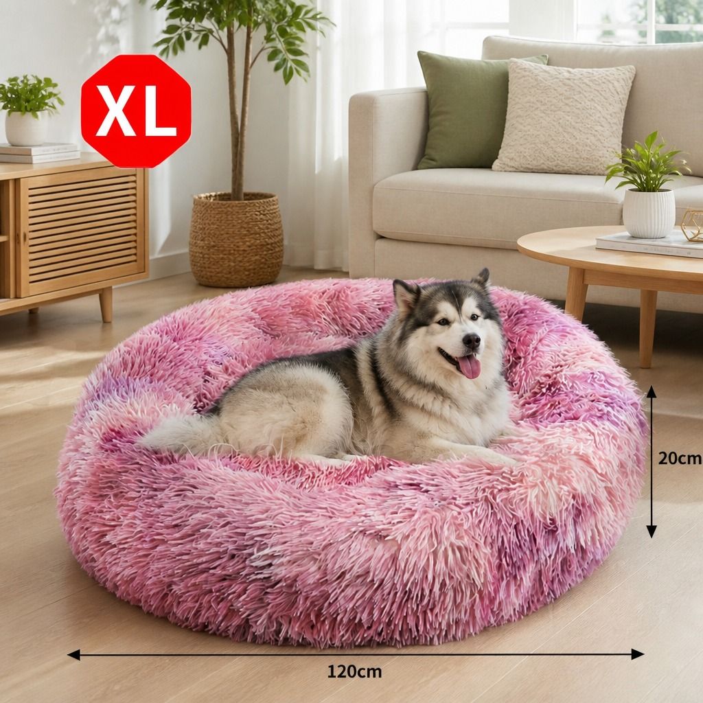 Dog Cat Pet Calming Bed Warm Soft Plush Round Nest Comfy Sleeping Cave MEL 120cm view 2