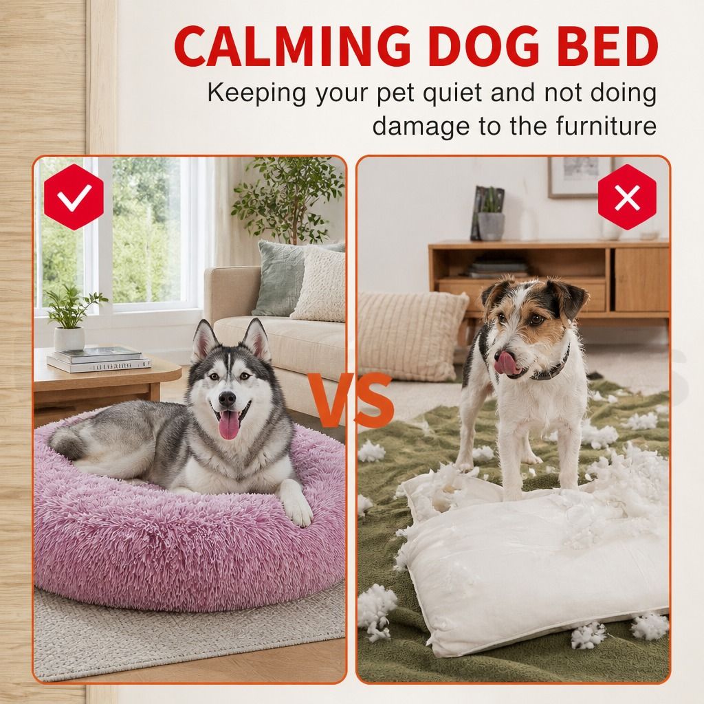 Dog Cat Pet Calming Bed Warm Soft Plush Round Nest Comfy Sleeping Cave MEL 120cm view 3