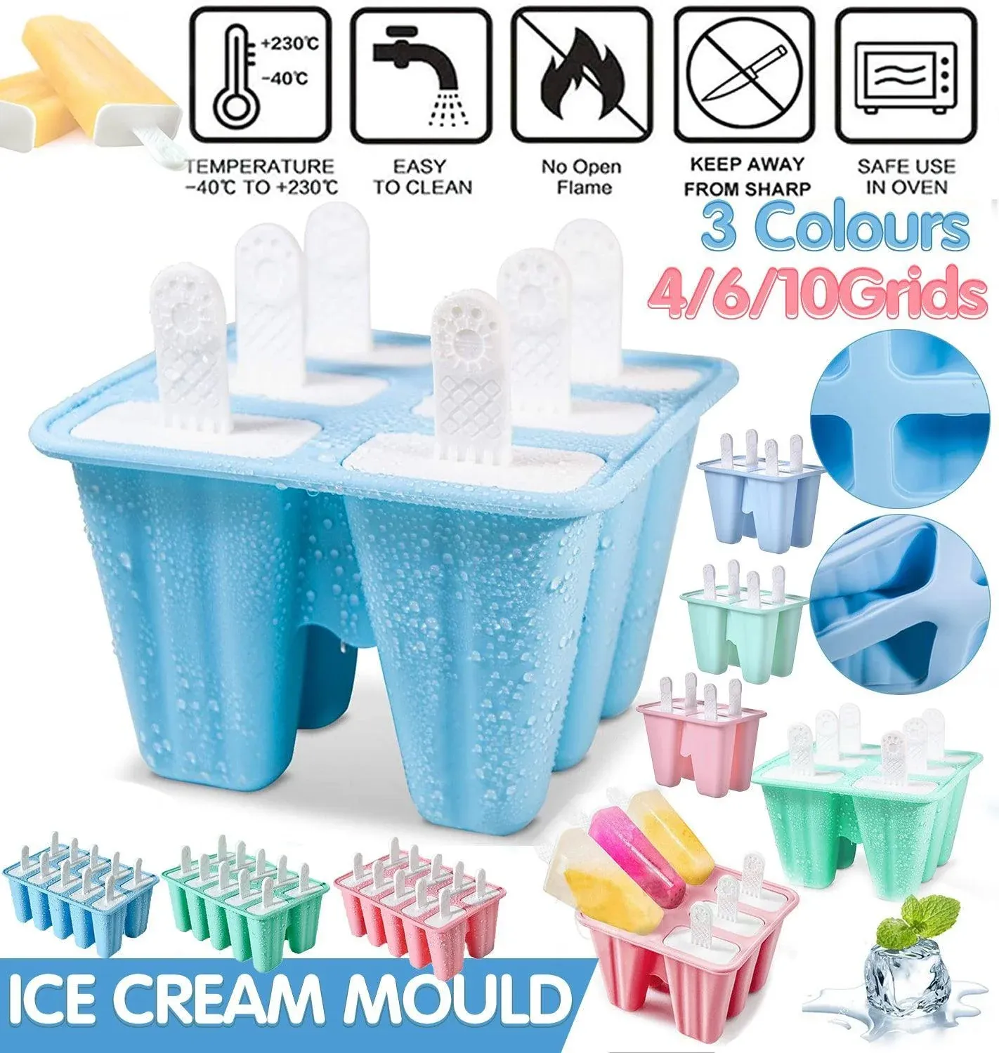 Silicone Ice Cream Mould Block Frozen Molds Icy Pole Jelly Popsicle - Pink-4Grid view 2