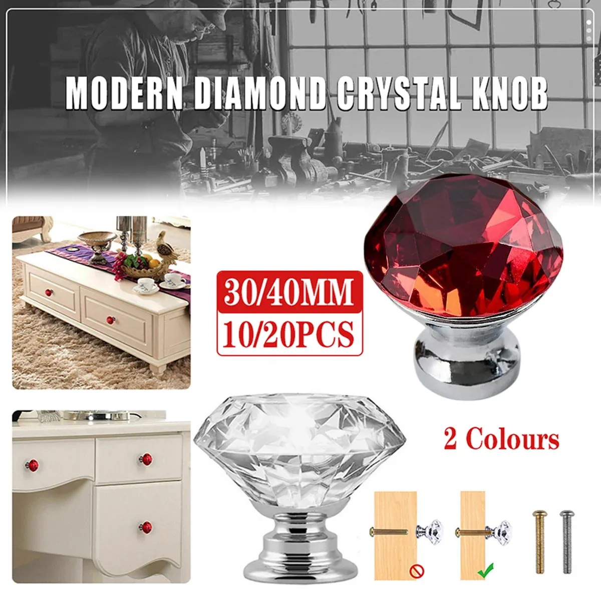 Door Knobs Handles Clear Crystal Diamond Glass Kitchen Cupboard Cabinet Pulls view 2