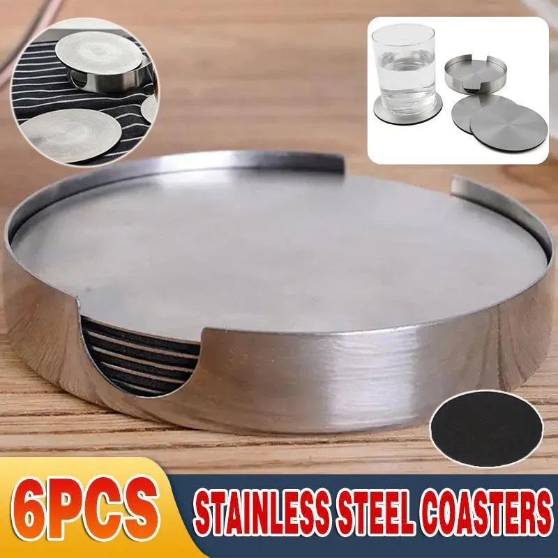 Stainless Steel Drink Coaster Set 6PCS Heat Resistant Cup Pads With Holder view 12