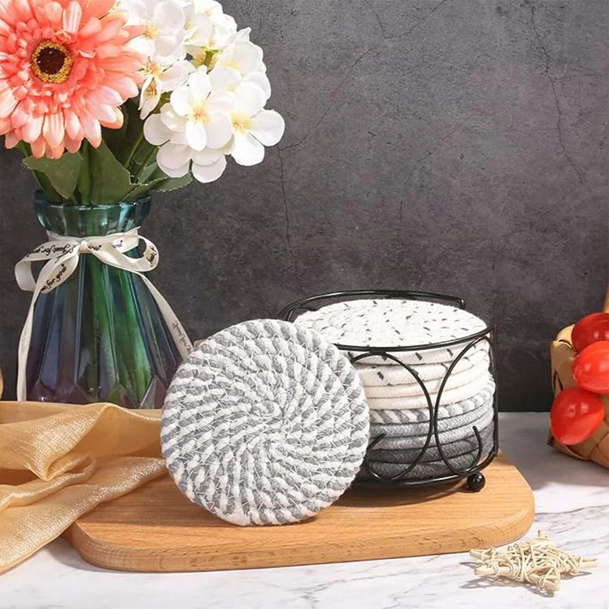8PCS Round Cotton Woven Coaster Heat Resistant Thick Insulation Dining Table view 13