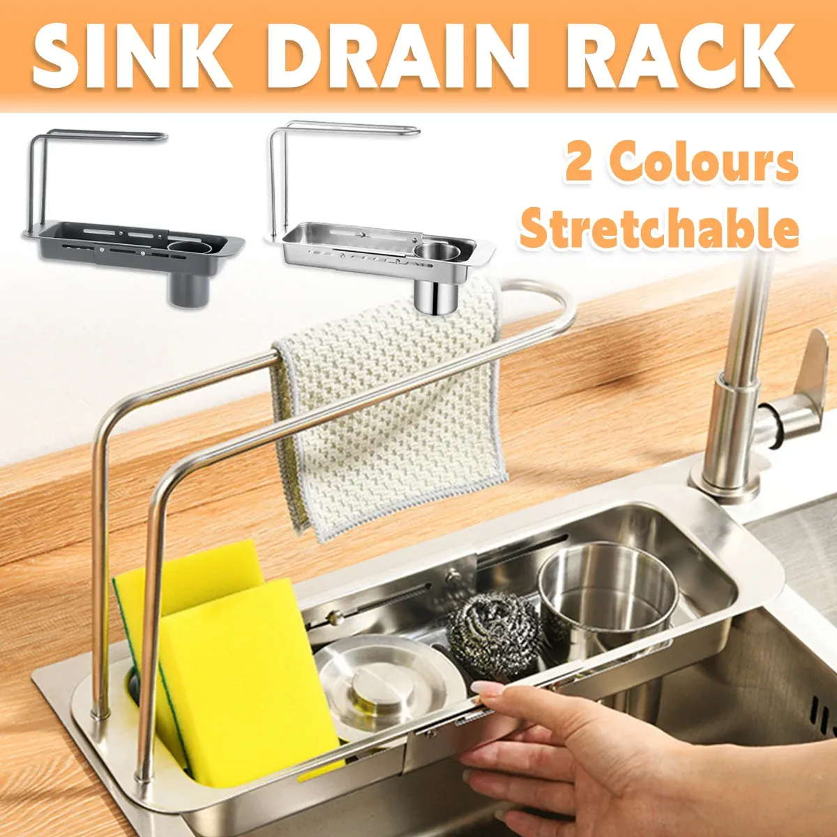 Retractable Kitchen Sink Draining Rack Water Filter Basket Storage Shelf Home view 2