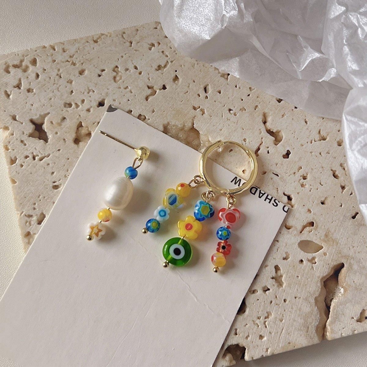 Vintage Asymmetrical Earrings Handmade Floral Glass and Pearl Drop Design for view 6