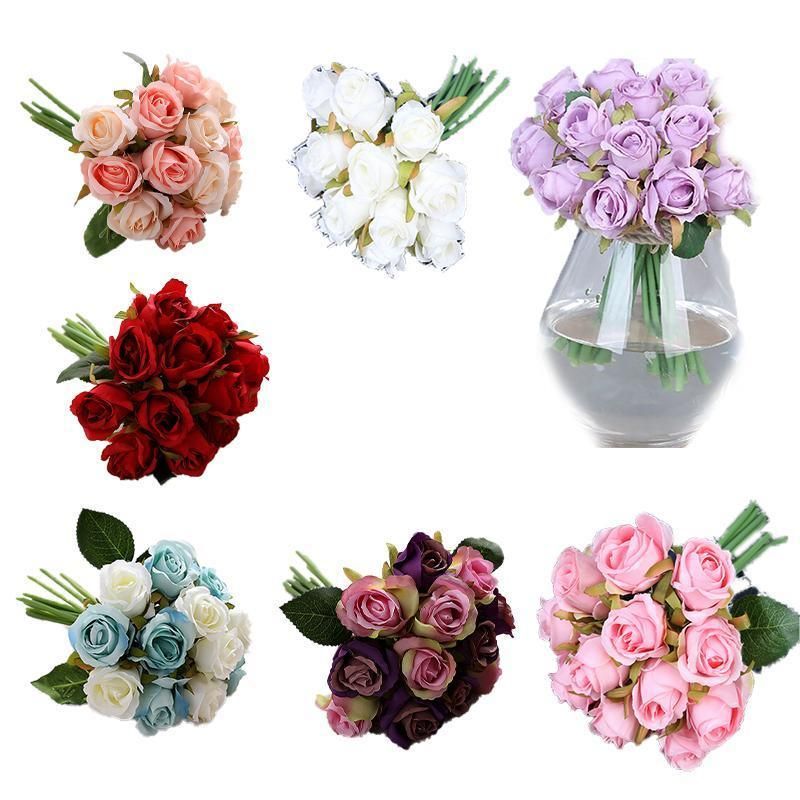 12 Heads Silk Rose Artificial Flowers Fake Bouquet - Champagne view 3