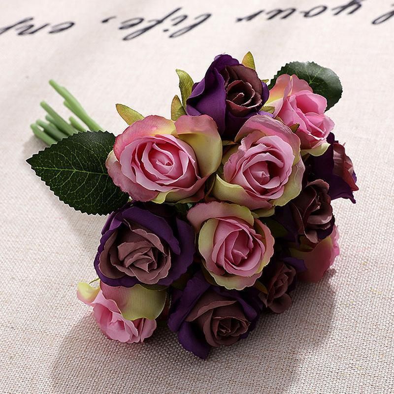 12 Heads Silk Rose Artificial Flowers Fake Bouquet - Champagne view 9