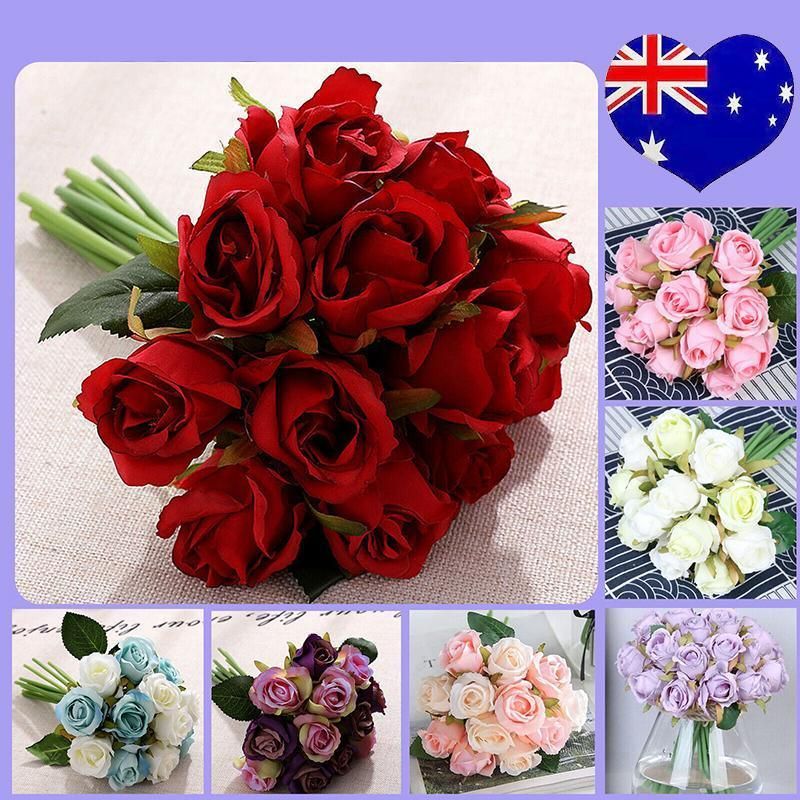 12 Heads Silk Rose Artificial Flowers Fake Bouquet - Champagne view 13