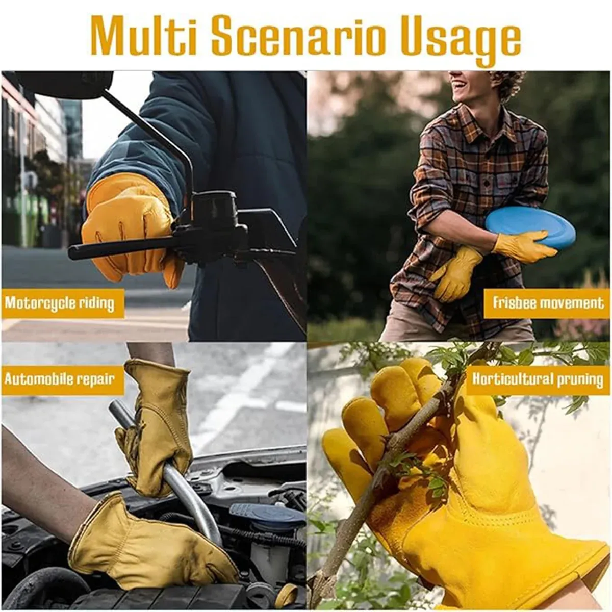 Golden Yellow Cowhide Work Gloves Full Finger Gardening DIY Home Maintenance view 10