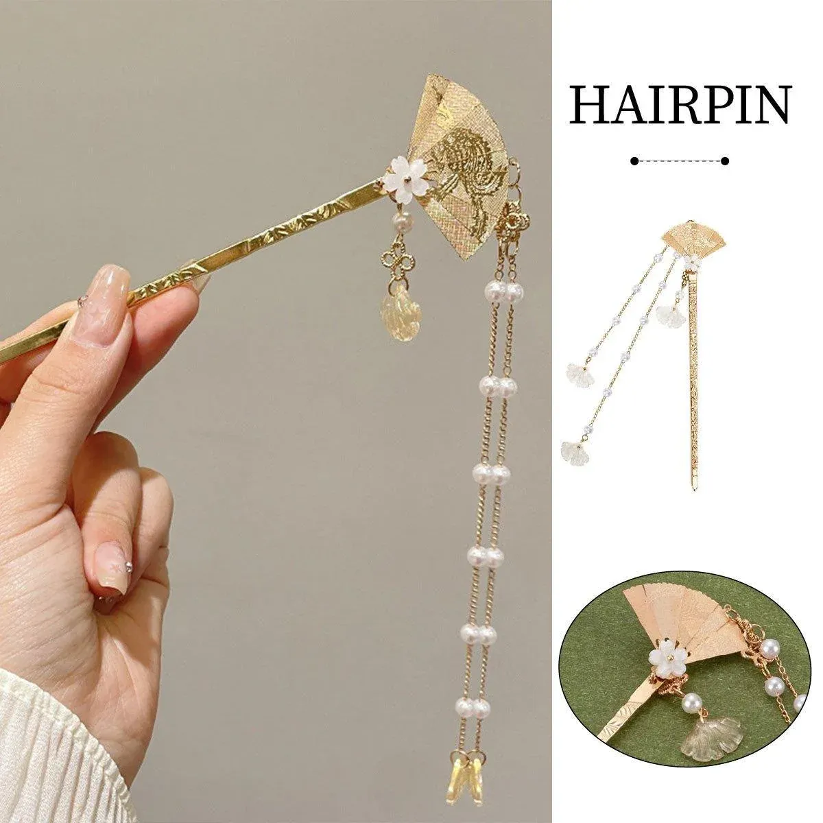 Chinese Style Hanfu Hairpin Folding Fan Fringe Headdress Accessories — image 1