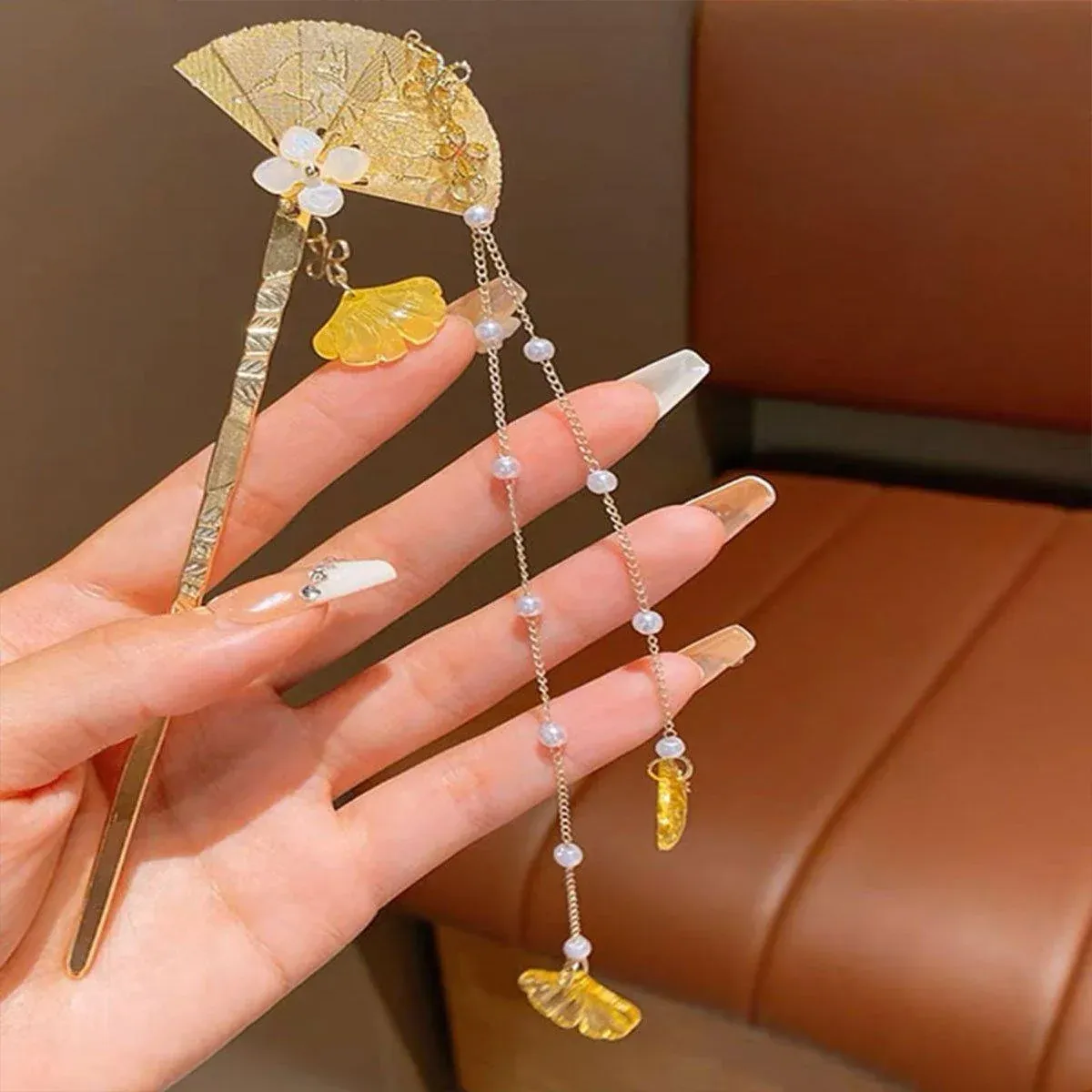 Chinese Style Hanfu Hairpin Folding Fan Fringe Headdress Accessories view 5