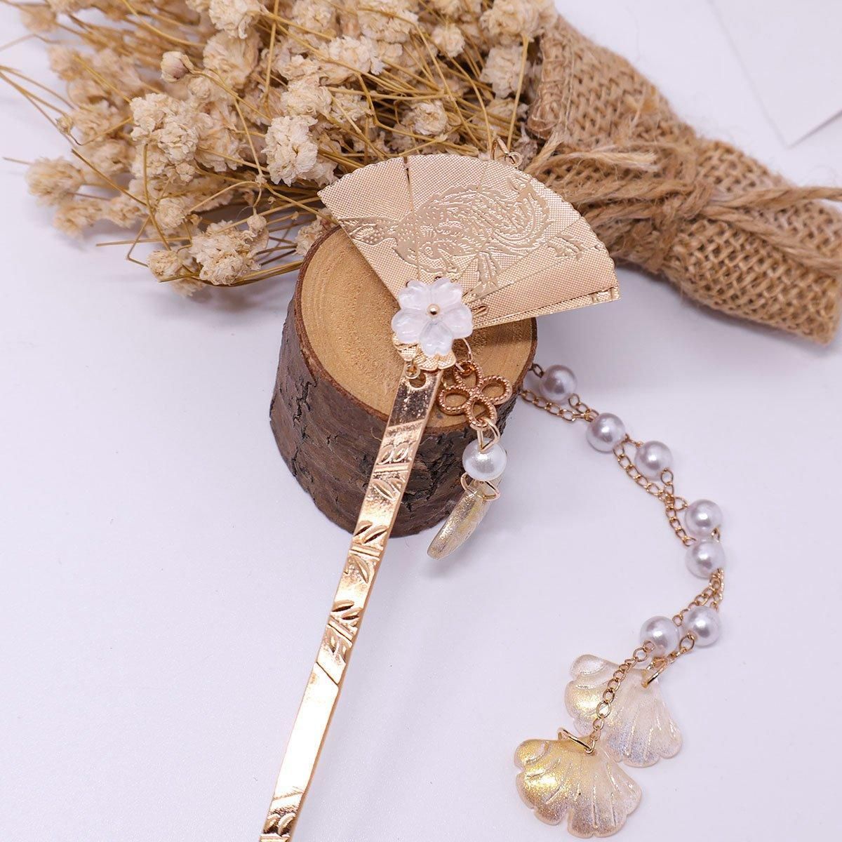 Chinese Style Hanfu Hairpin Folding Fan Fringe Headdress Accessories view 7