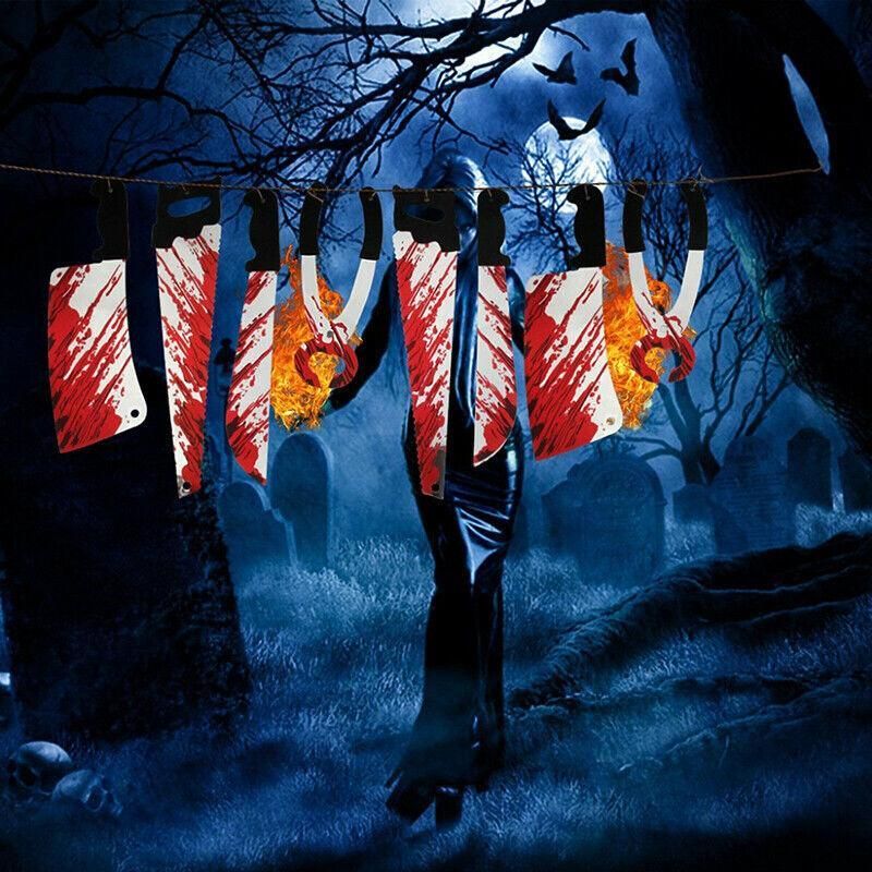 8Pcs Hanging Bloody Weapons Halloween Horror Props Garland Banner Decoration Au view 5