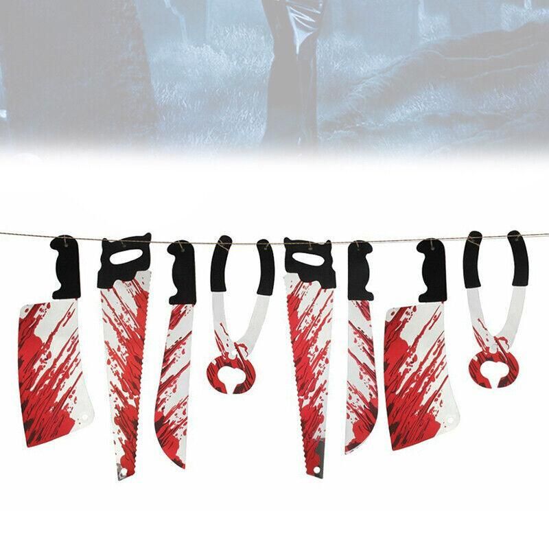 8Pcs Hanging Bloody Weapons Halloween Horror Props Garland Banner Decoration Au view 6
