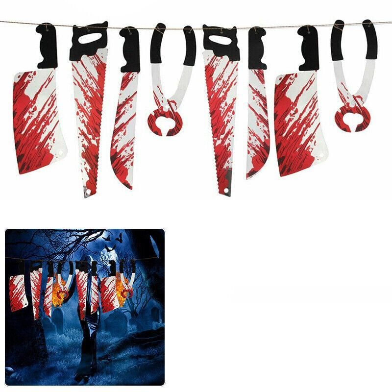 8Pcs Hanging Bloody Weapons Halloween Horror Props Garland Banner Decoration Au view 8