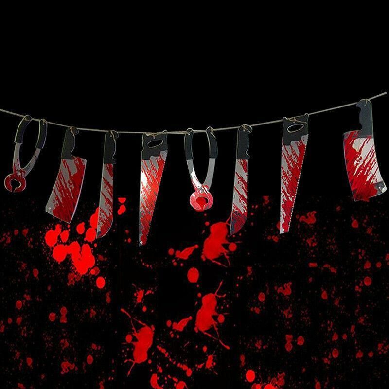 8Pcs Hanging Bloody Weapons Halloween Horror Props Garland Banner Decoration Au view 9