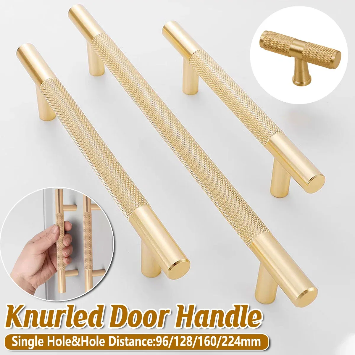 Light Luxury Cabinet Handle Full Copper Gold Straight Knurled Drawer Door Pull view 2