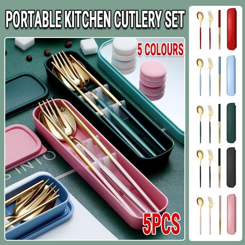 5PC Stainless Steel Portable Cutlery Set - Fork Spoon for Travel & Picnic - Black view 2