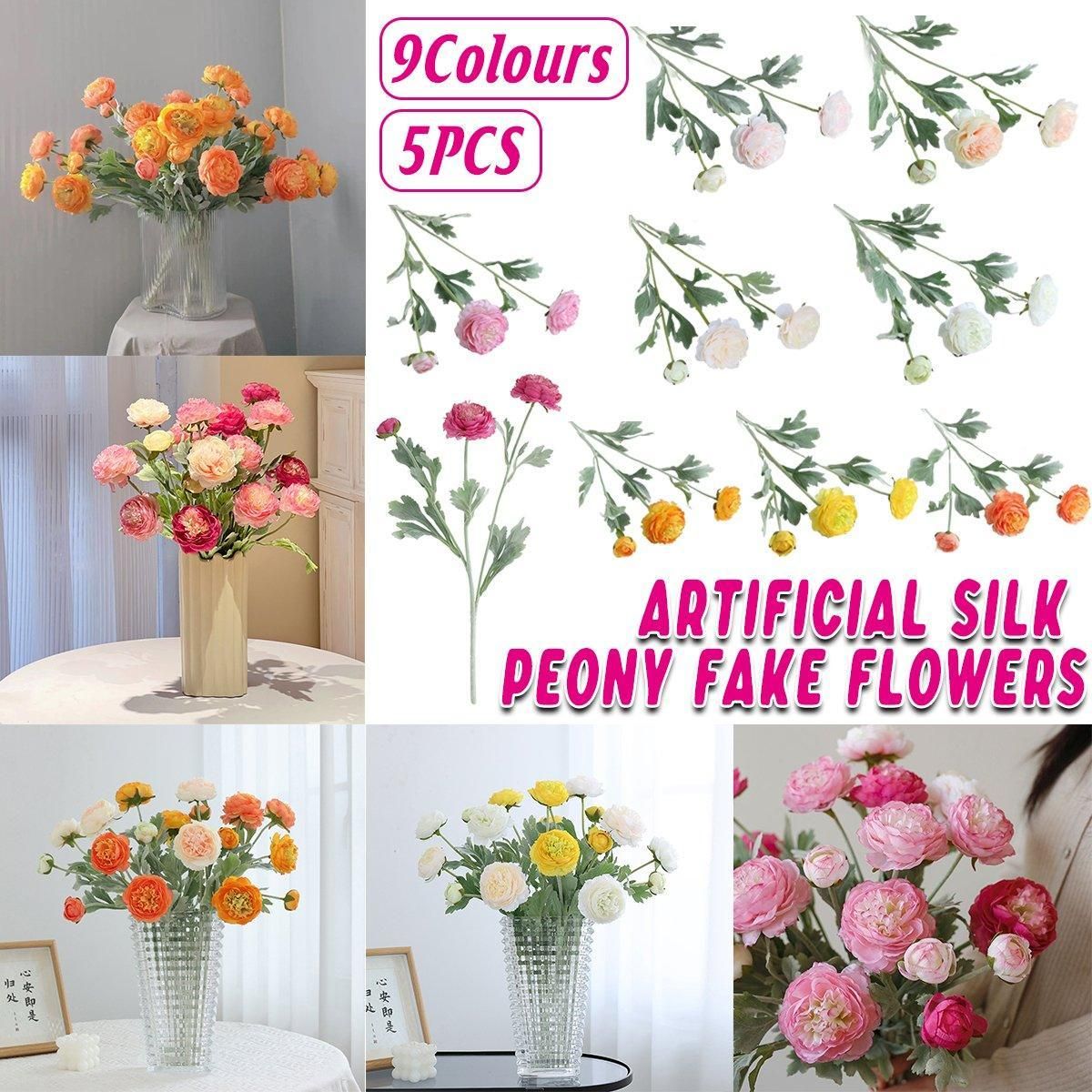 5pcs Artificial Peony Silk Flowers Bouquet Decor Faux Floral Arrangements view 2