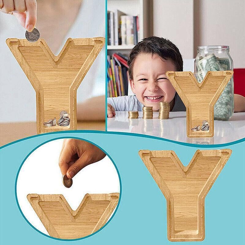Wooden Piggy Bank Funny Letter or Guitar Coin Saving Money Box A–Z Gift Idea - C view 8