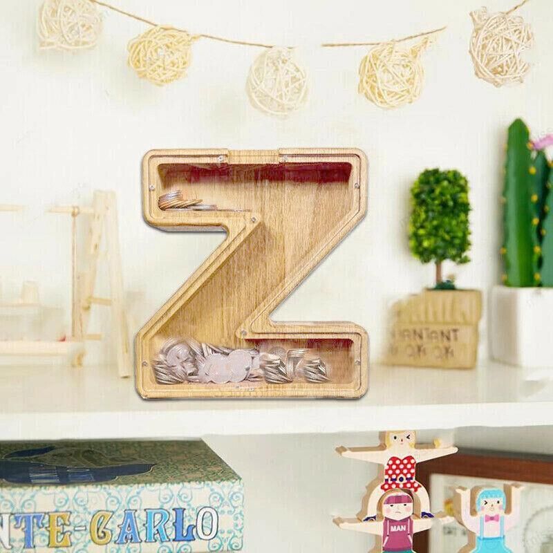 Wooden Piggy Bank Funny Letter or Guitar Coin Saving Money Box A–Z Gift Idea - U view 5