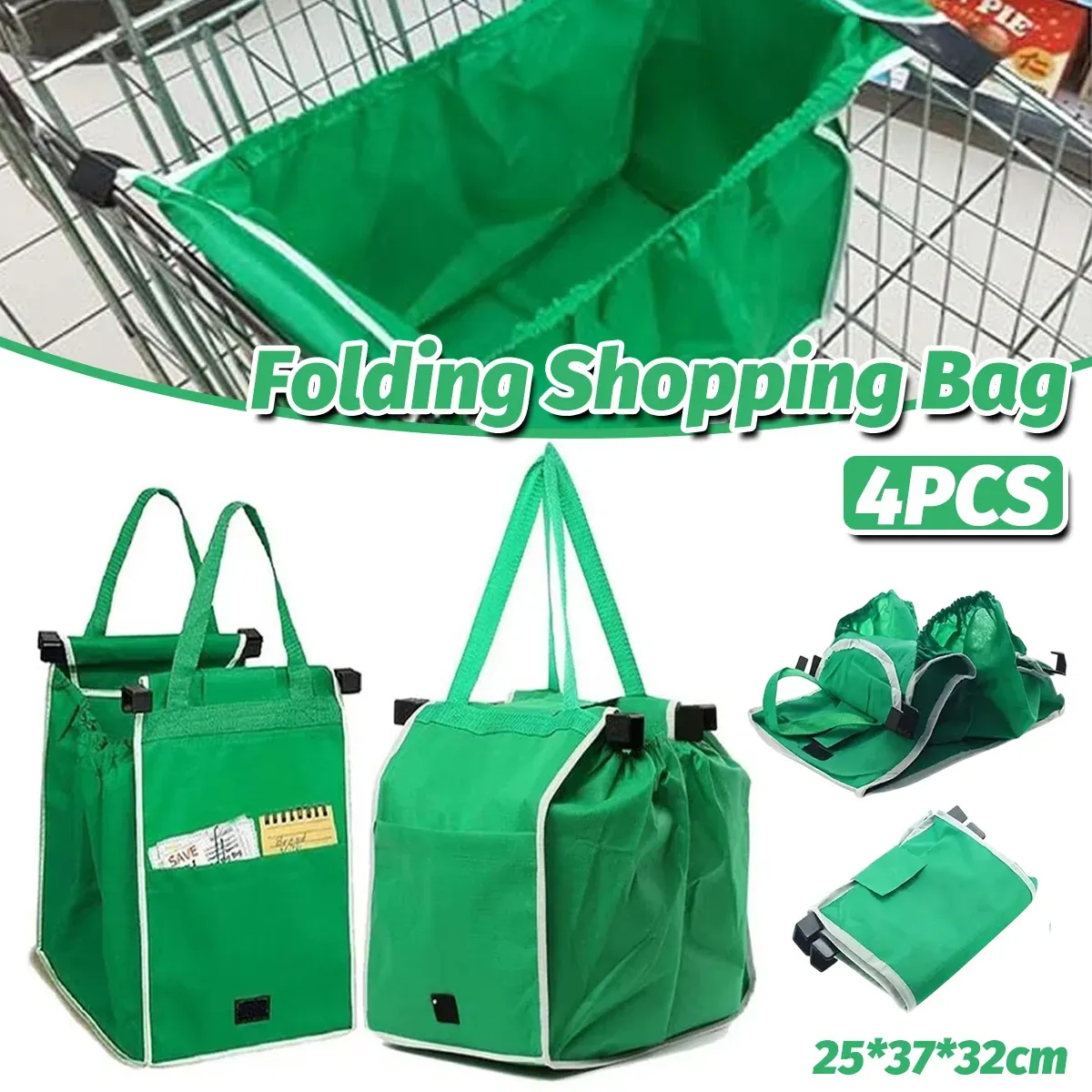 4 x Reusable Supermarket Shopping Trolley Clip-on Large Foldable Grab Handle Bag — image 1