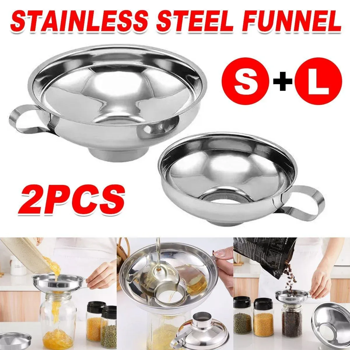 2pcs Stainless Steel Wide Mouth Funnel Large Bore Oil Drain Household Funnel Set — image 1