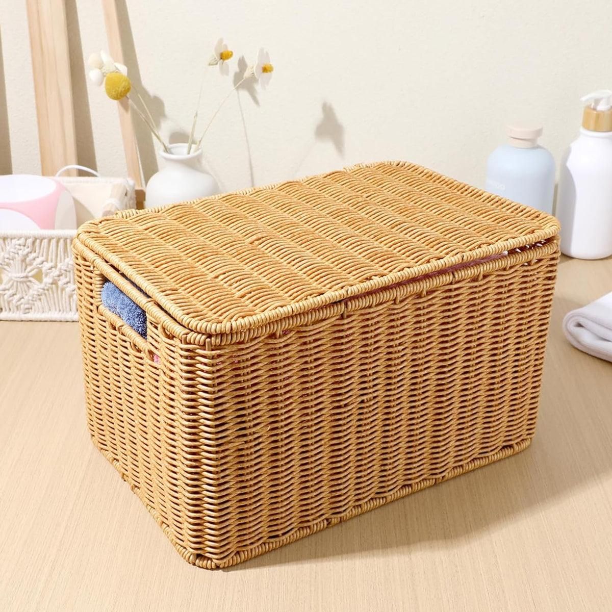 Storage Box Bedroom Organizer Faux Rattan Woven Basket with Lid Home view 4