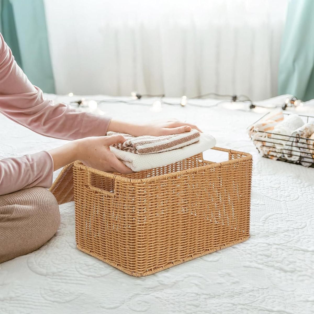 Storage Box Bedroom Organizer Faux Rattan Woven Basket with Lid Home view 6