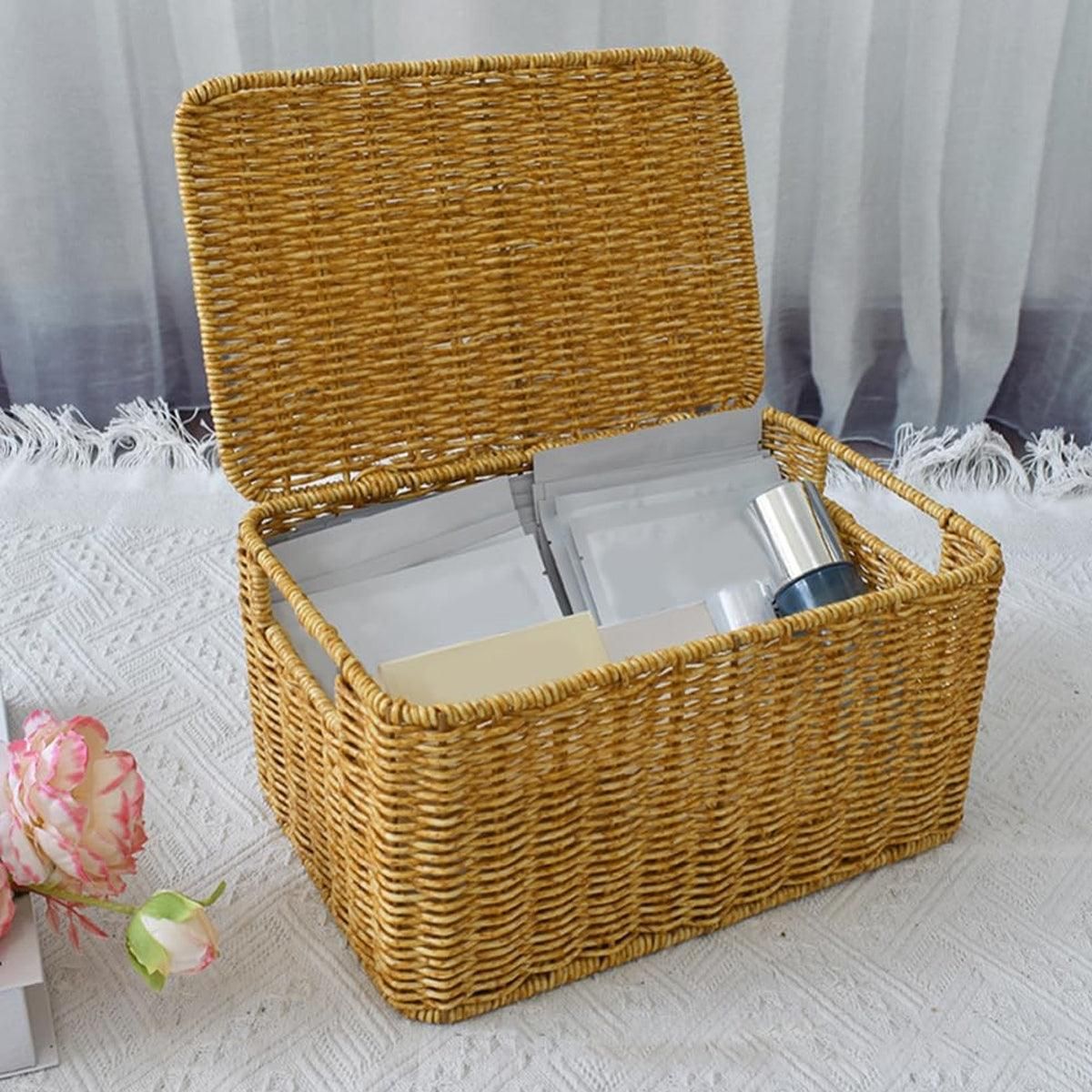 Storage Box Bedroom Organizer Faux Rattan Woven Basket with Lid Home view 7