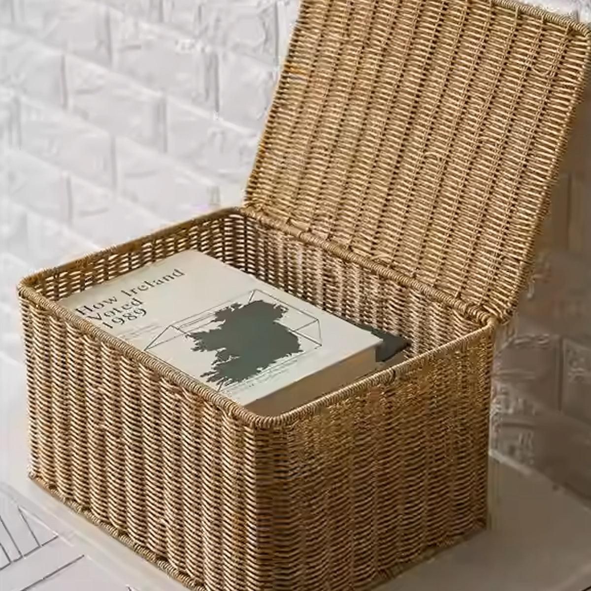 Storage Box Bedroom Organizer Faux Rattan Woven Basket with Lid Home view 9