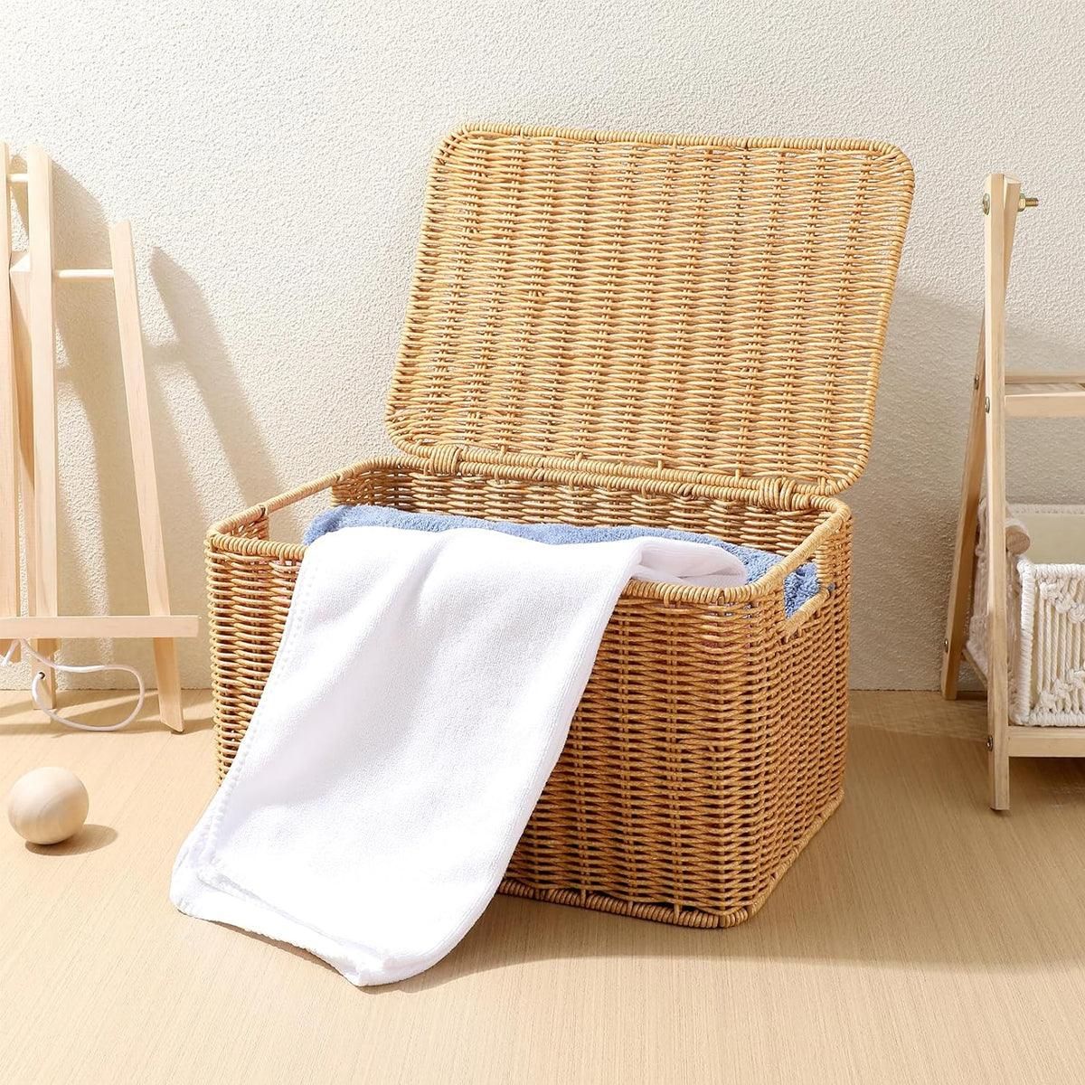 Storage Box Bedroom Organizer Faux Rattan Woven Basket with Lid Home view 10