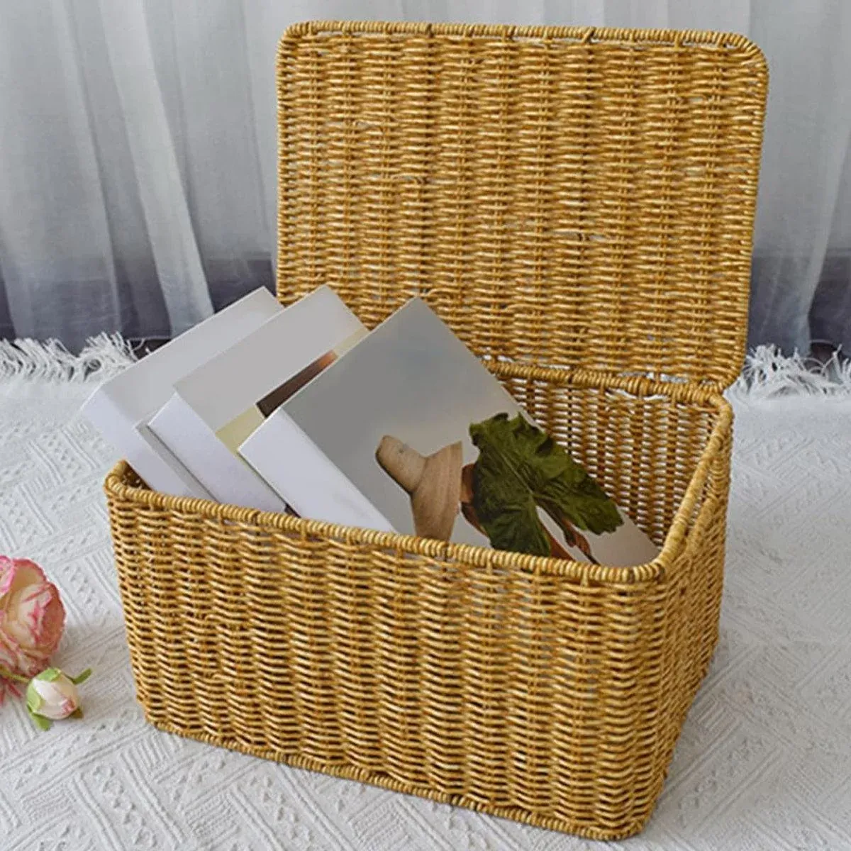 Storage Box Bedroom Organizer Faux Rattan Woven Basket with Lid Home view 12