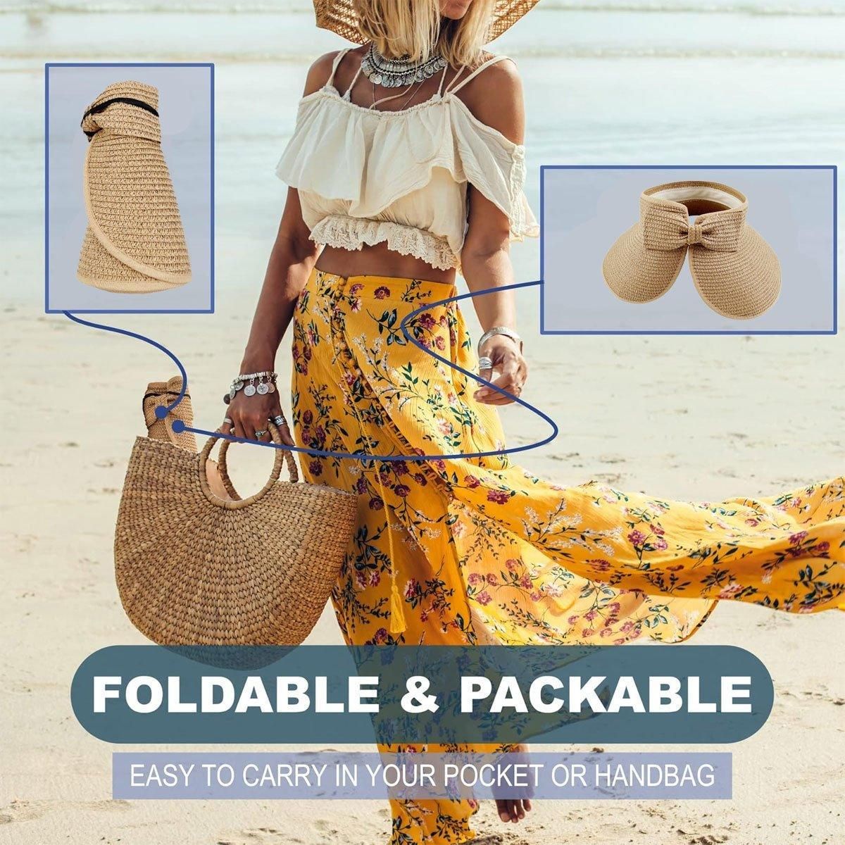 Women Roll Up Sun Visor Wide Brim Straw Hat Summer Foldable UV Protection Cap view 6