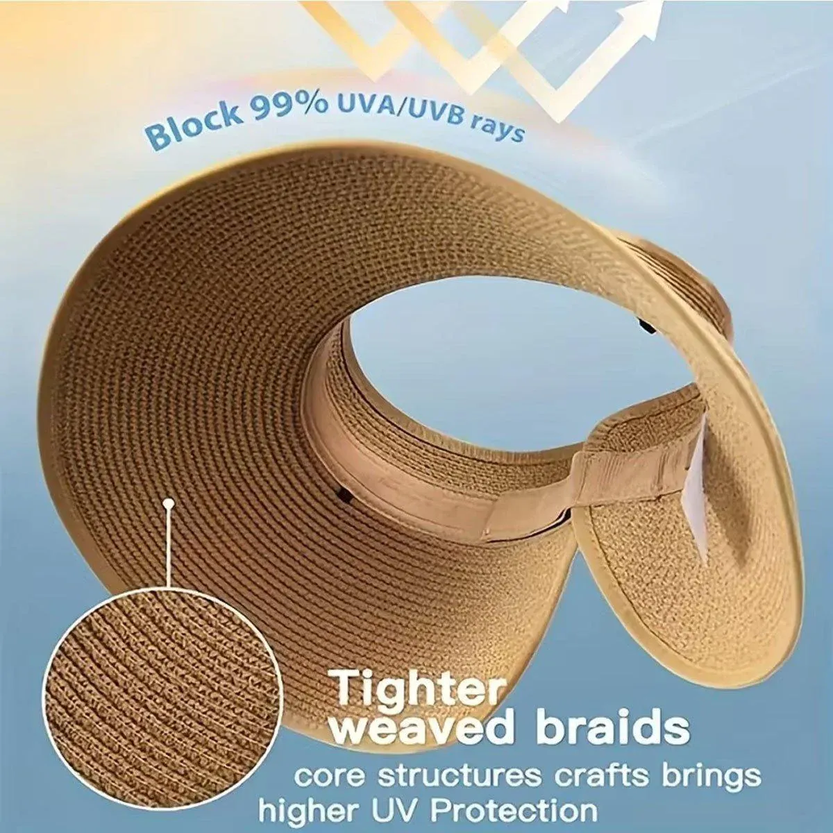 Women Roll Up Sun Visor Wide Brim Straw Hat Summer Foldable UV Protection Cap view 11