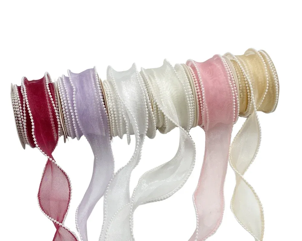 bulk 36 Artificial Pearl Edge Organza Ribbon Assort Wrap 200cm
