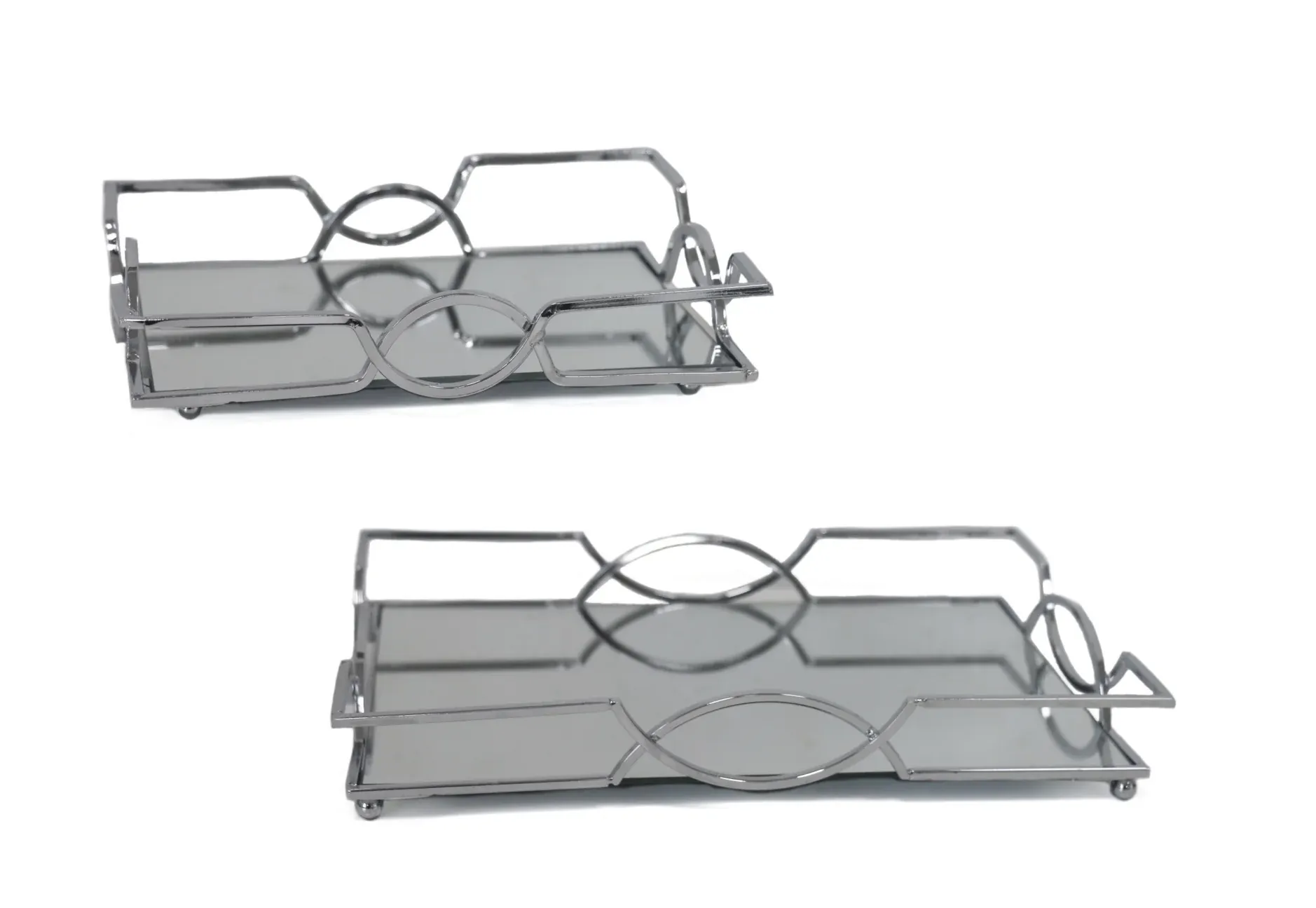 Set 2 Rectangle Silver Mirror Tray 31cm