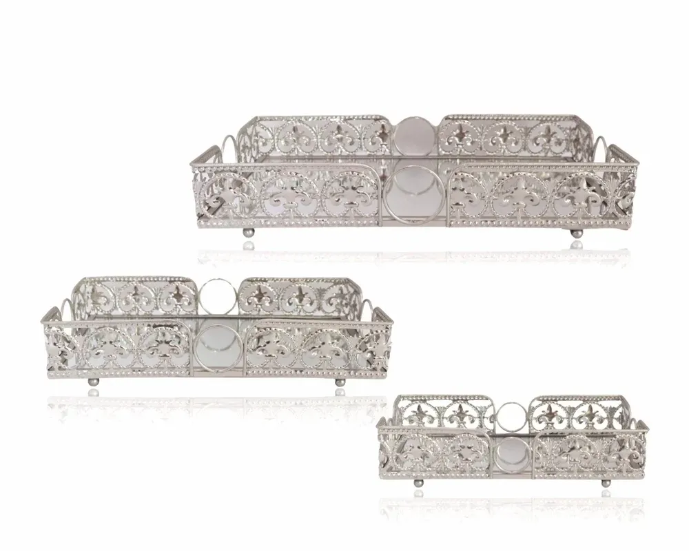 Set 3 Silver Rectangle Metal Tray 32cm