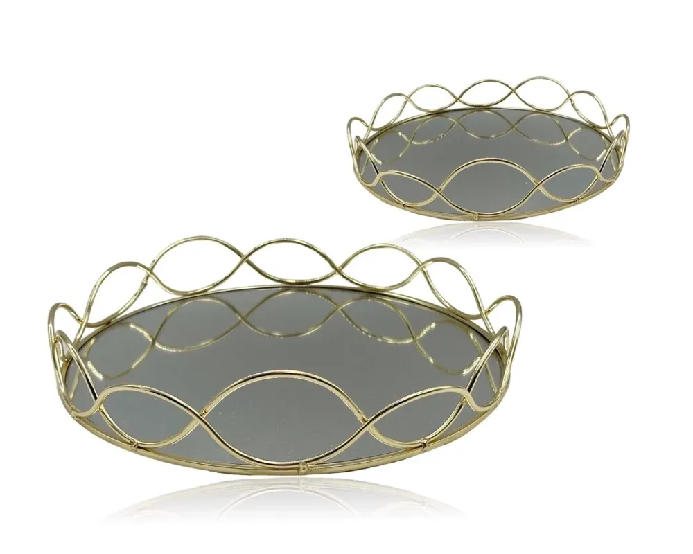Set 2 Round Gold Mirror Tray 30cm